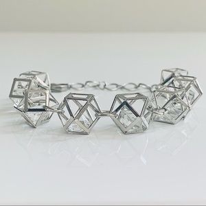 Silver Hollow Multi-Shaped 3D Bracelet w/ Clear Crystals